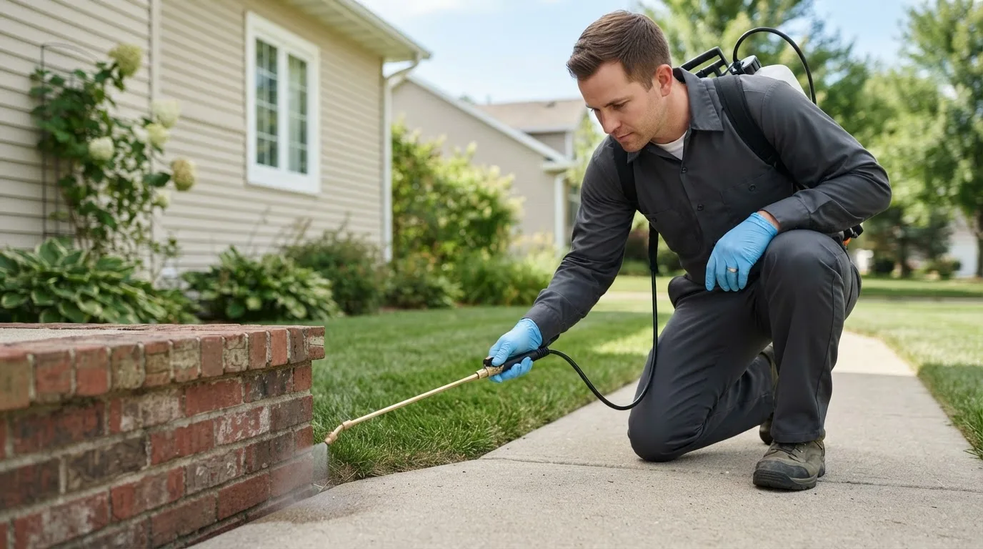 Pest control technician treating a home near Shirleysburg, PA